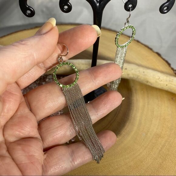 Green Rhinestones Silver Multi Chain Earrings - Picture 5 of 6